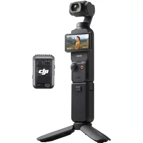 DJI Osmo Pocket 3 Creator Combo, on the mini tripod with the DJI Mic 2 transmitter