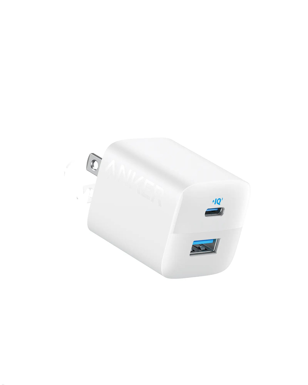 White Anker 323 33W charger with a US plug showing its USB-C and USB-A ports