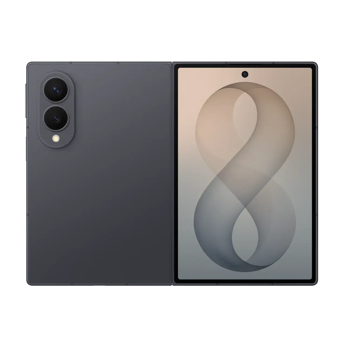 Samsung Galaxy Z Fold 8 5G in Graphite half open showing the rear and the cover screen