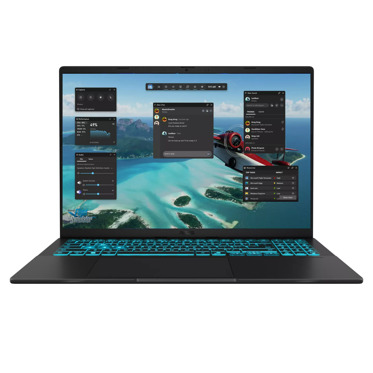 لابتوب ASUS V16 من الأمام والشاشة تعمل