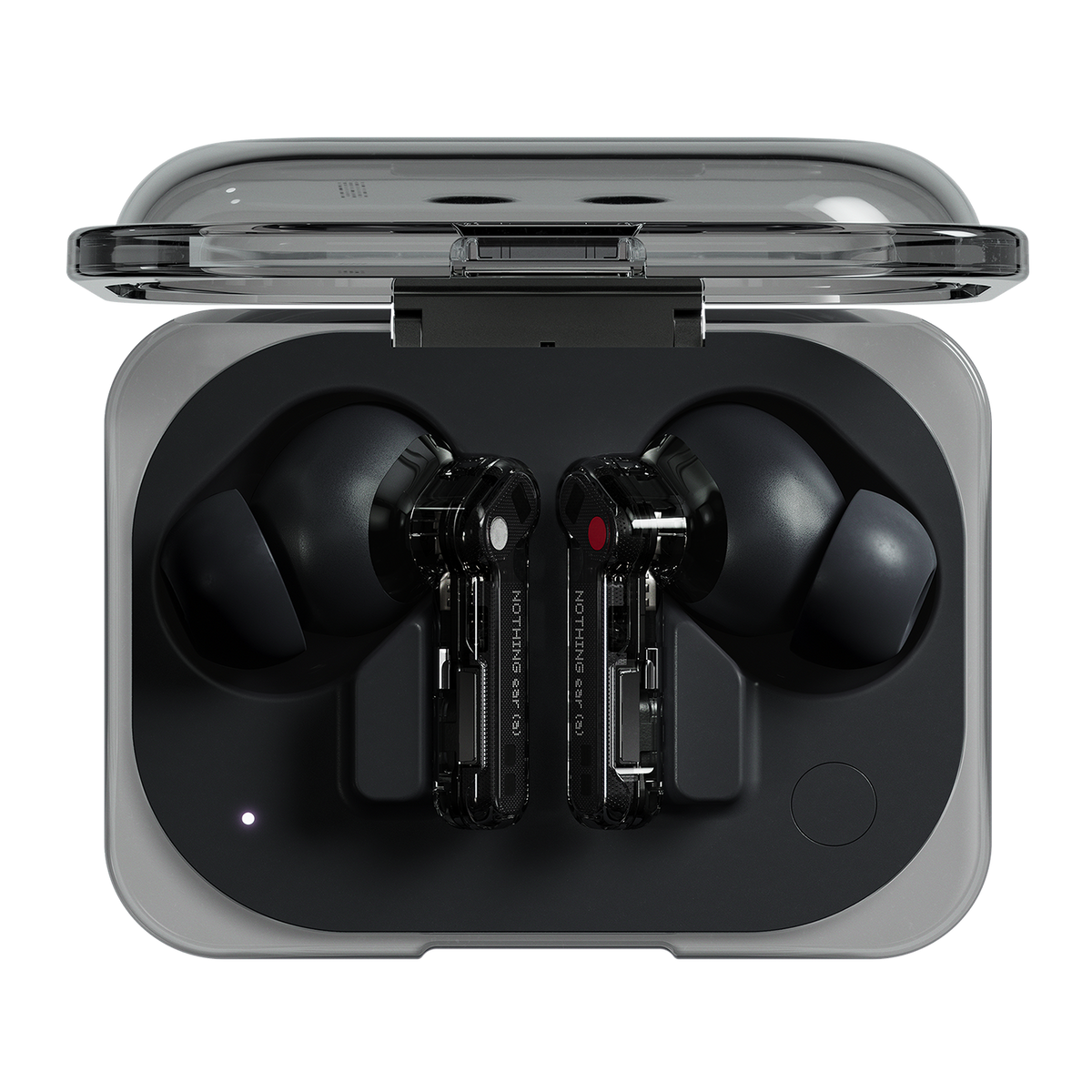 سماعة Nothing Ear (a) باللون Black داخل علبة الشحن الشفافة المفتوحة