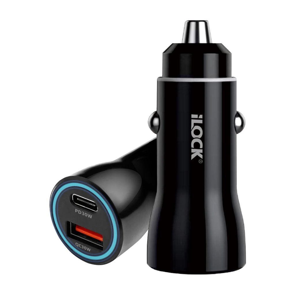 iLock Car Fast Charger 60W Dual Port | USB-C & USB-A | PD 30W + QC 30W | LED Indicator 