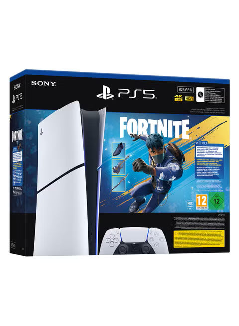 PlayStation 5 bundle packaging with Fortnite graphics on a white background