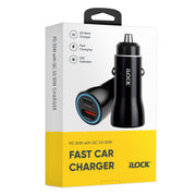 iLock Car Fast Charger 60W Dual Port | USB-C & USB-A | PD 30W + QC 30W | LED Indicator 