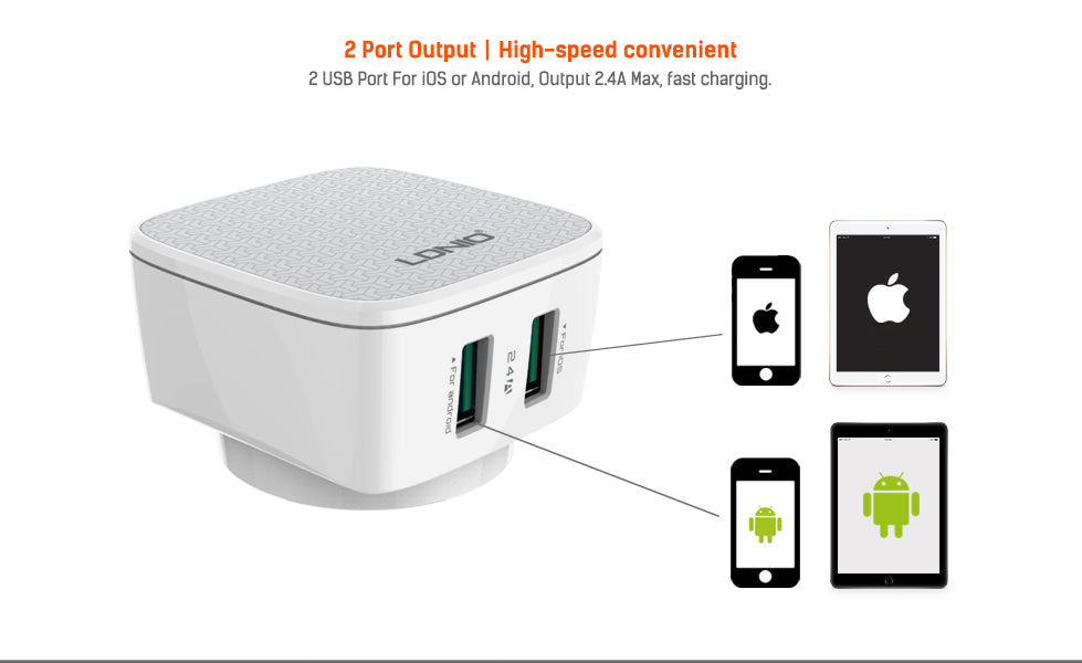 شاحن سفر Ldnio DL-AC66 بقوة 2.4A بتقنية Auto-ID مع كابل ماكرو