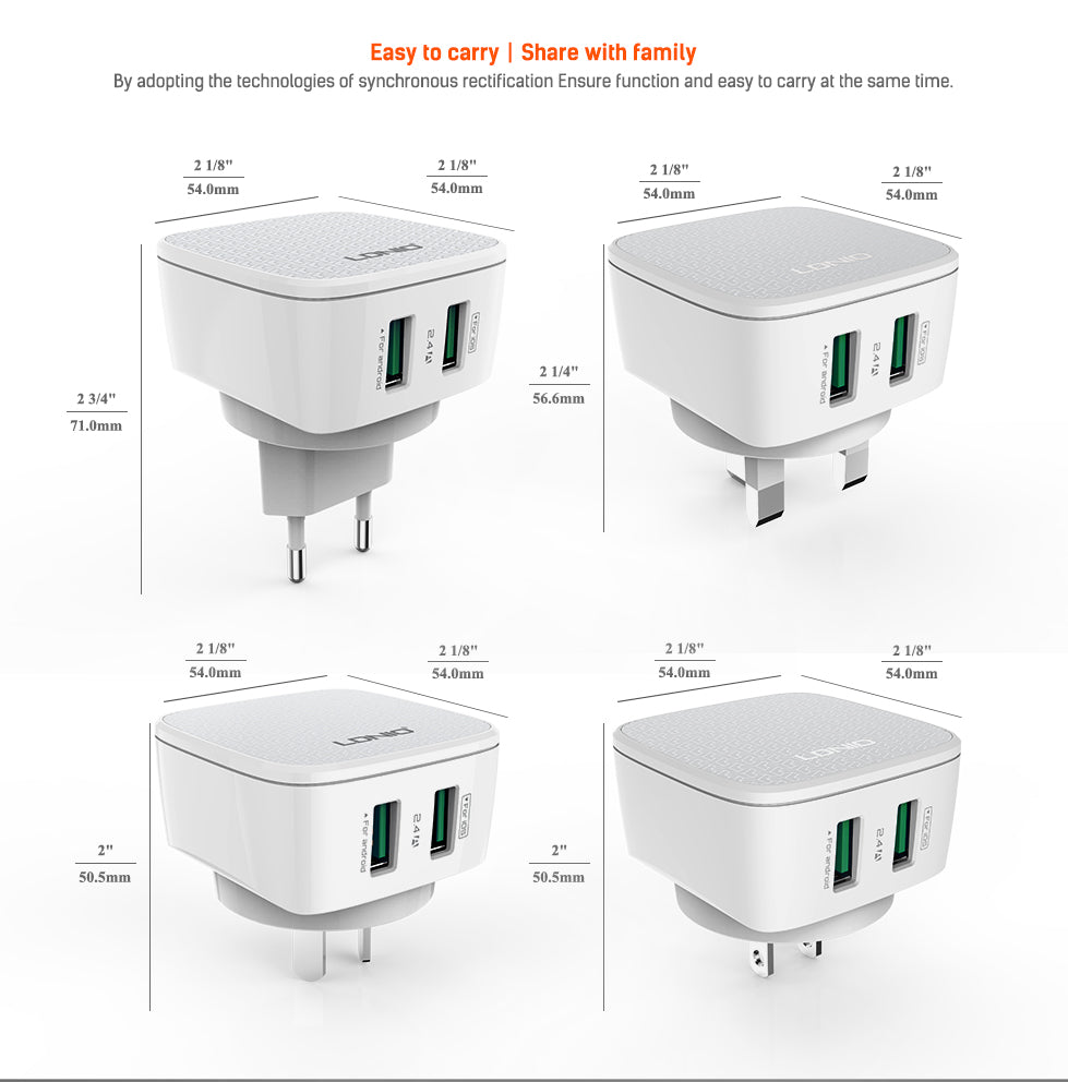 شاحن سفر Ldnio DL-AC66 بقوة 2.4A بتقنية Auto-ID مع كابل ماكرو