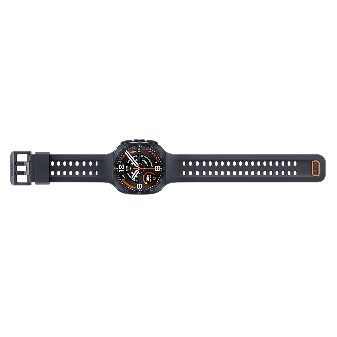 Samsung Galaxy Watch Ultra 2 LTE in Titanium Gray top-down view with the band extended