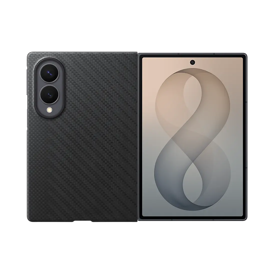 Samsung Galaxy Z Fold 8 Carbon Magnet Case in Black fitted on the folded phone showing the back and the cover screen