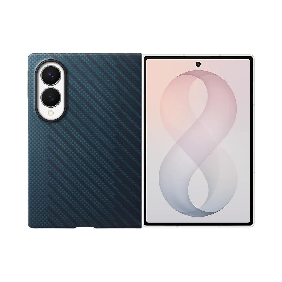 Samsung Galaxy Z Fold 8 Carbon Magnet Case in Blue fitted on the folded phone showing the back and the cover screen