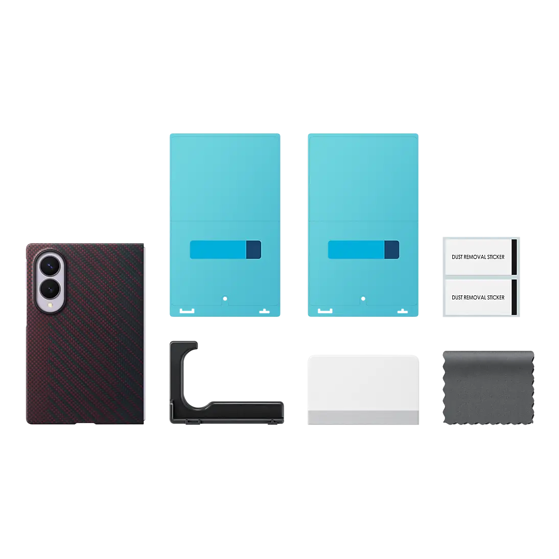 Samsung Galaxy Z Fold 8 Carbon Magnet Case box contents with the case, two anti-reflecting films and the installation tools