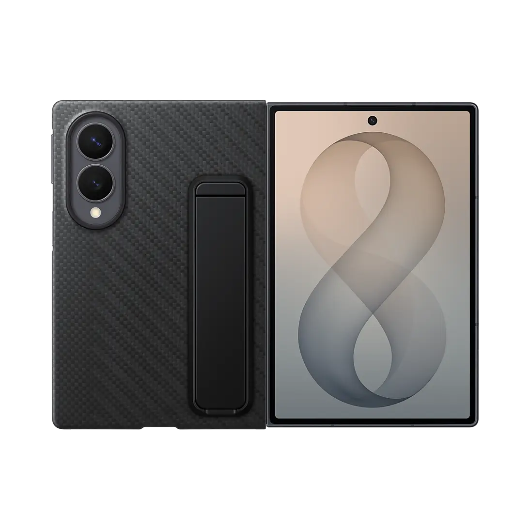 Samsung Galaxy Z Fold 8 Carbon Standing Case in Black on the folded phone showing the back, the cover screen and the kickstand