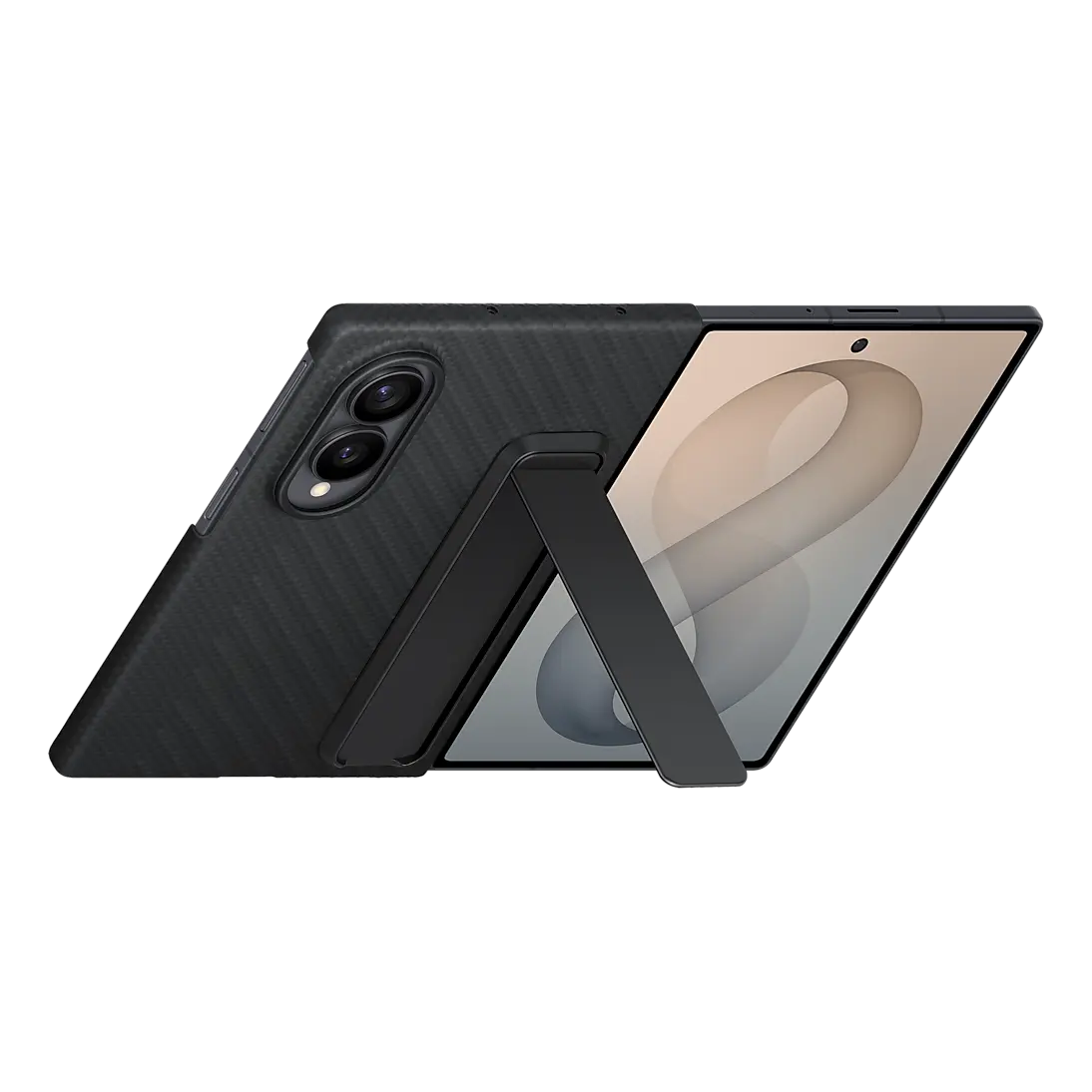 Samsung Galaxy Z Fold 8 Carbon Standing Case holding the unfolded phone upright on its kickstand, rear view