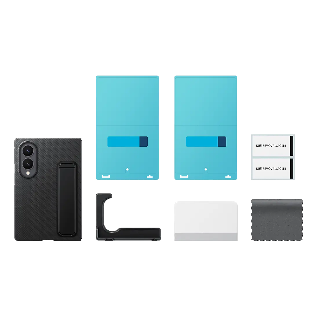 Samsung Galaxy Z Fold 8 Carbon Standing Case box contents with the case, two anti-reflecting films and the installation tools