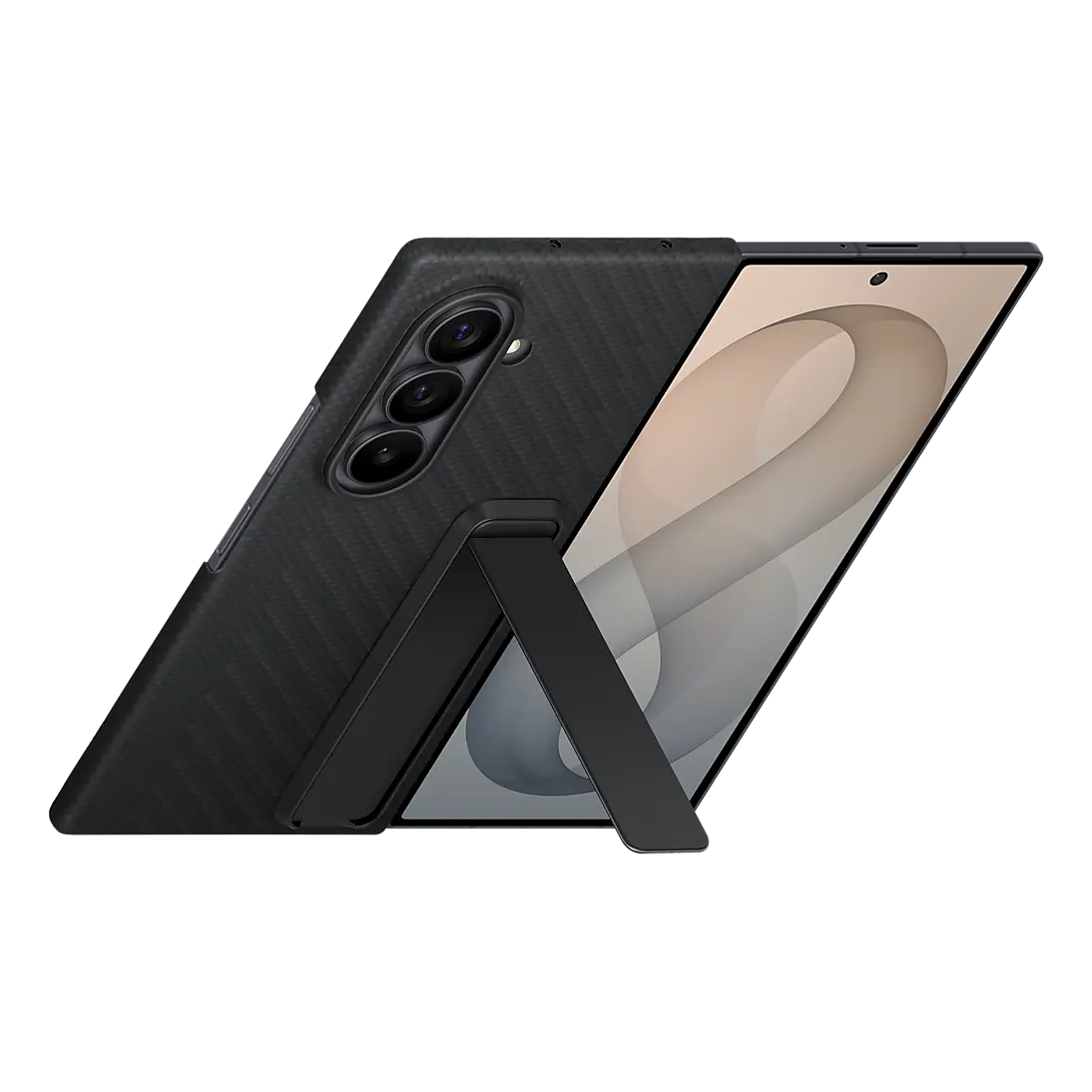 Samsung Galaxy Z Fold 8 Ultra Carbon Standing Case holding the unfolded phone upright on its kickstand, rear view