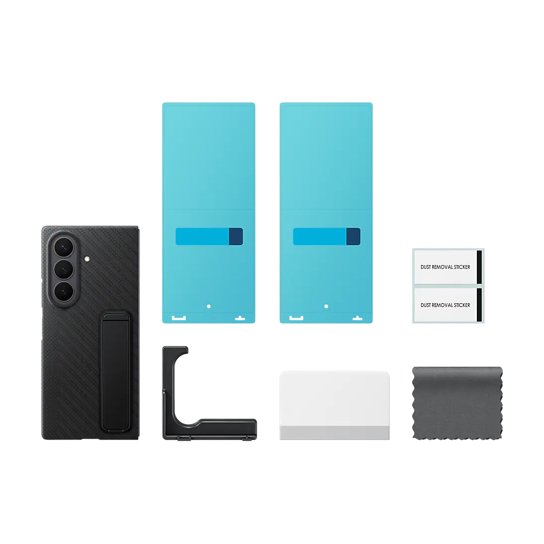 Samsung Galaxy Z Fold 8 Ultra Carbon Standing Case box contents with the case, two anti-reflecting films and the installation tools