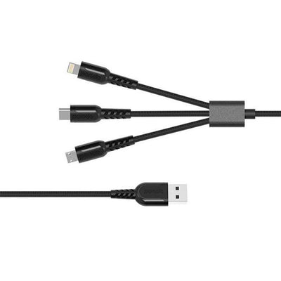 Porodo 3 in 1 Braided Metal Cable 2A Compatible with Lightning / Type-C / Micro USB