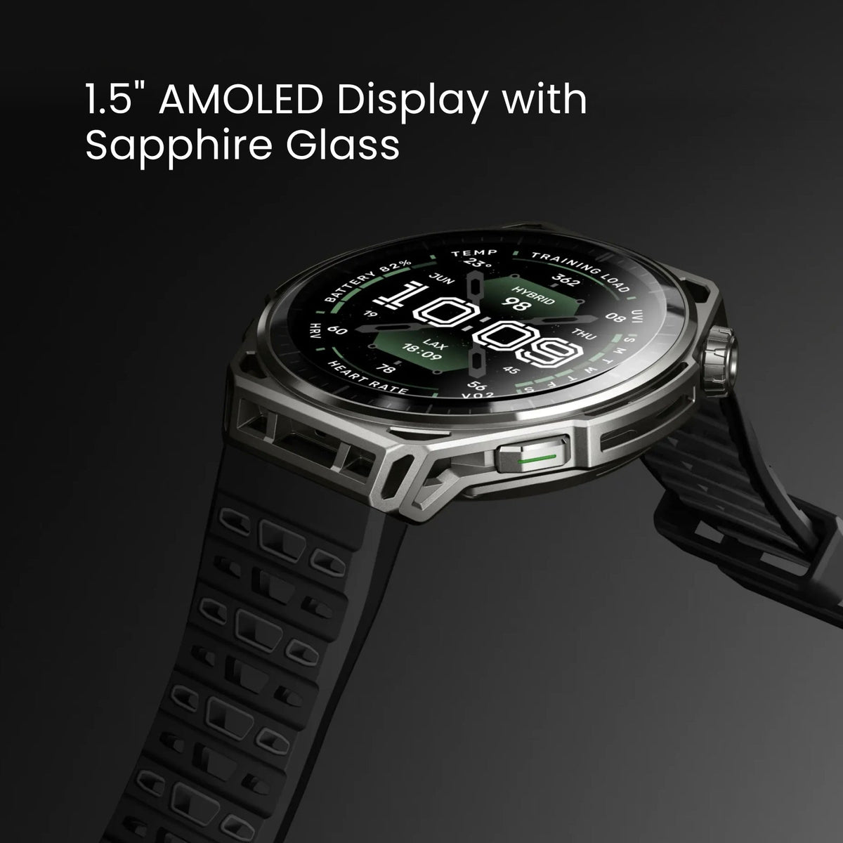 Amazfit Balance 3 Stainless Steel close-up of the 1.5-inch AMOLED display with sapphire glass