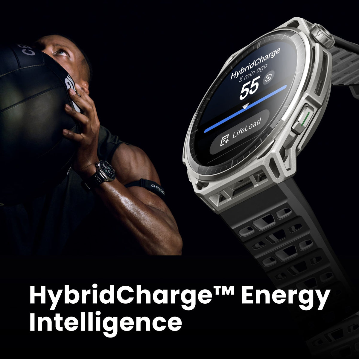 Amazfit Balance 3 Stainless Steel showing the HybridCharge energy score on the watch face