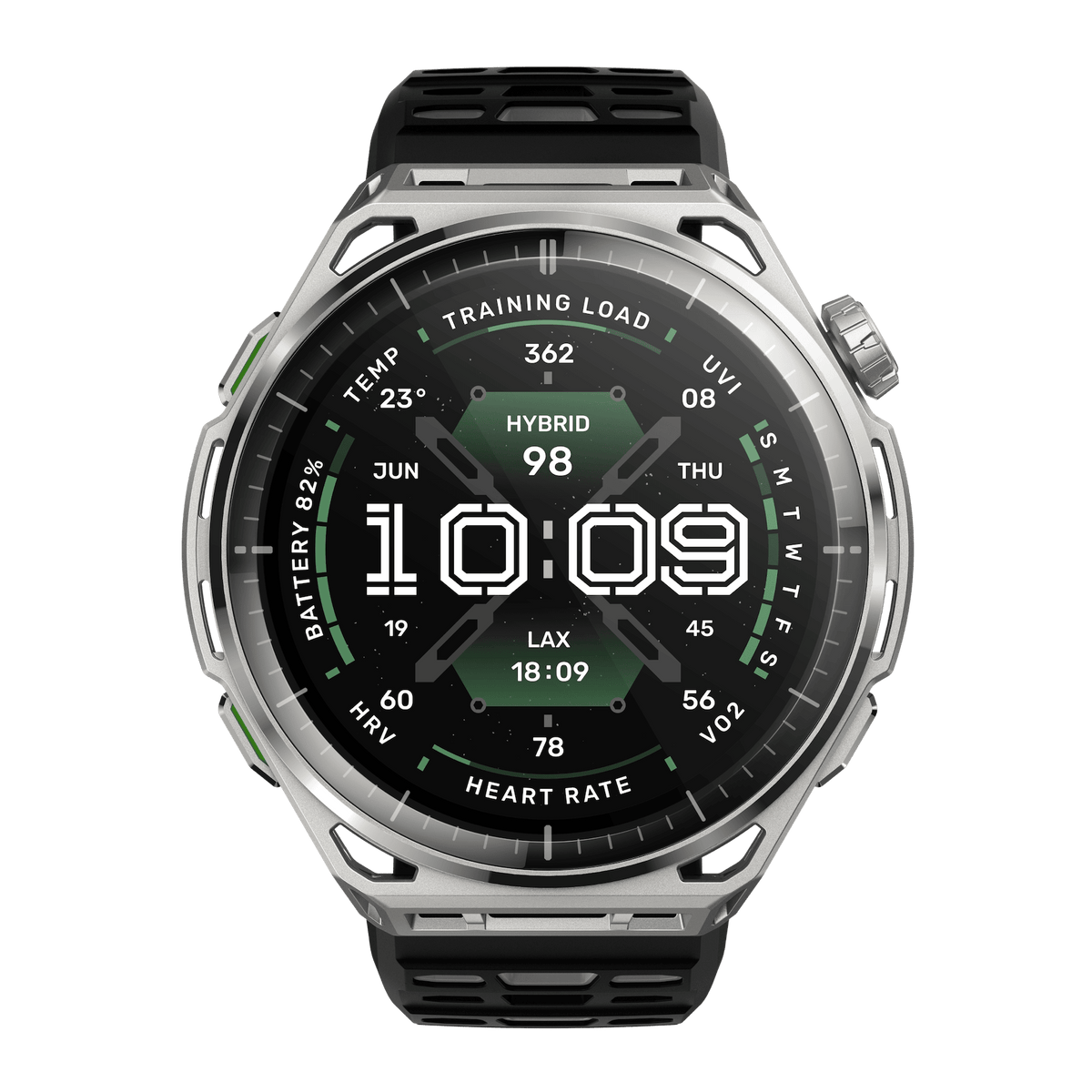 Amazfit Balance 3 Stainless Steel smart watch, front view of the 1.5-inch AMOLED display