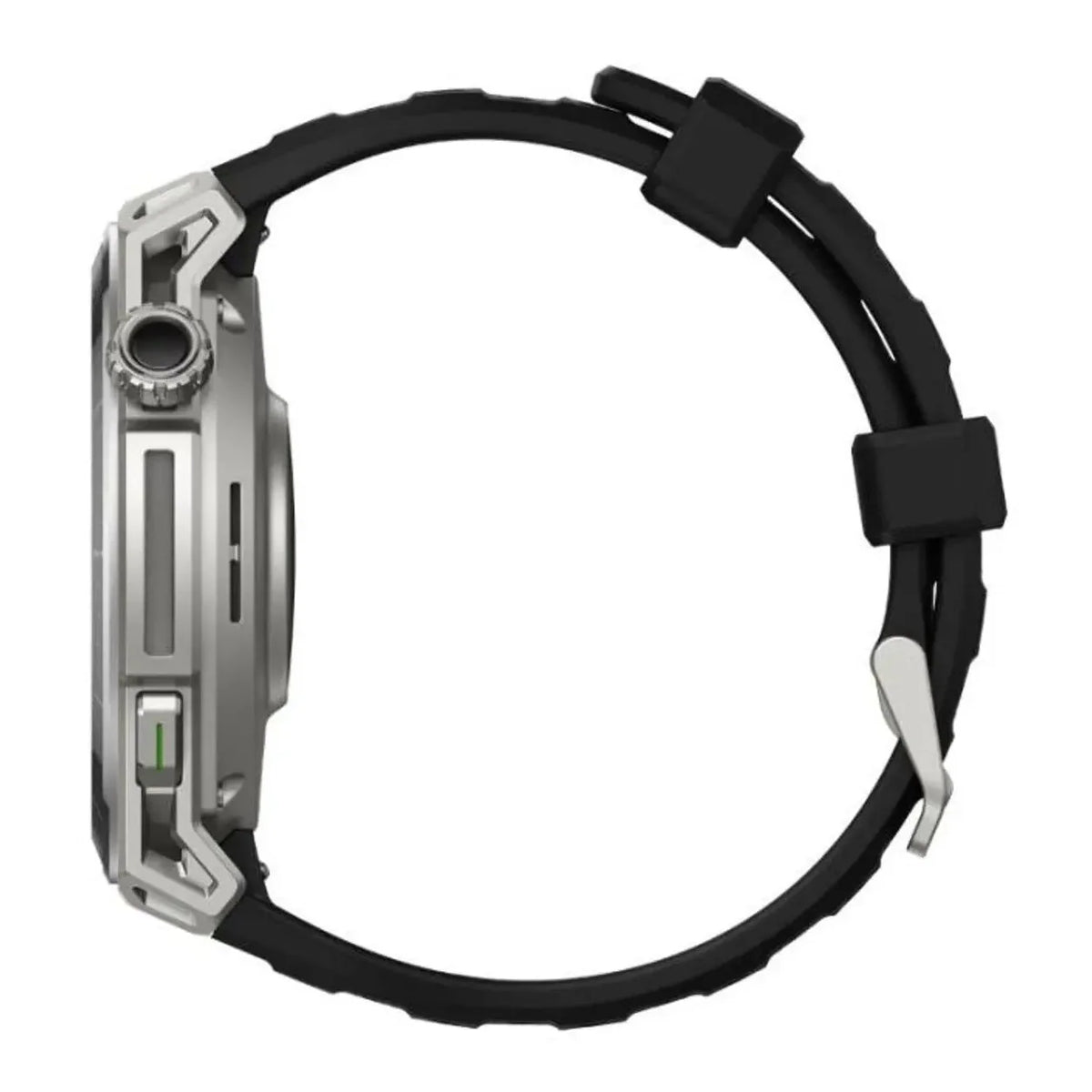 Amazfit Balance 3 Stainless Steel smart watch, side profile with crown and buttons