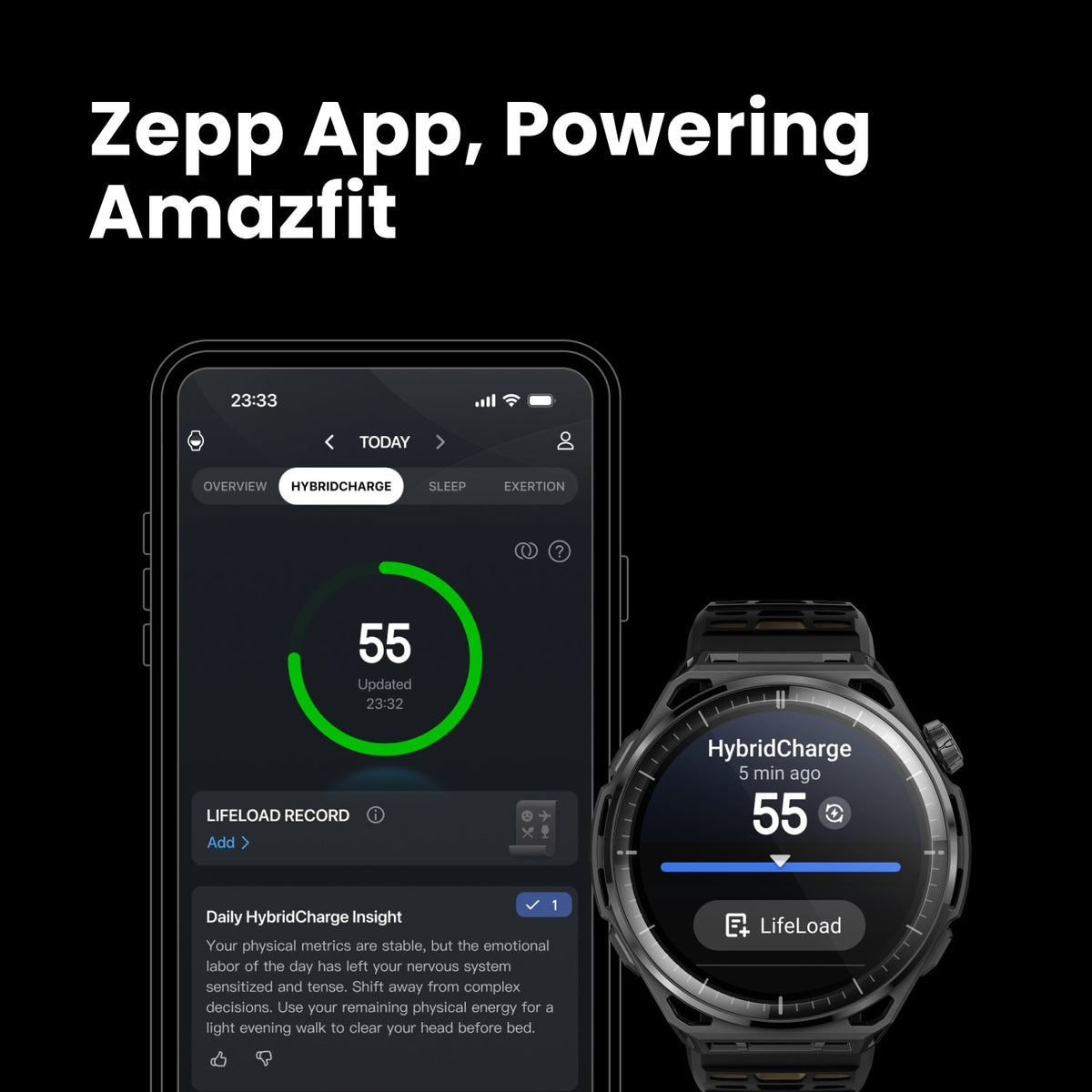 Amazfit Balance 3 Stainless Steel next to a phone running the Zepp App with HybridCharge insights