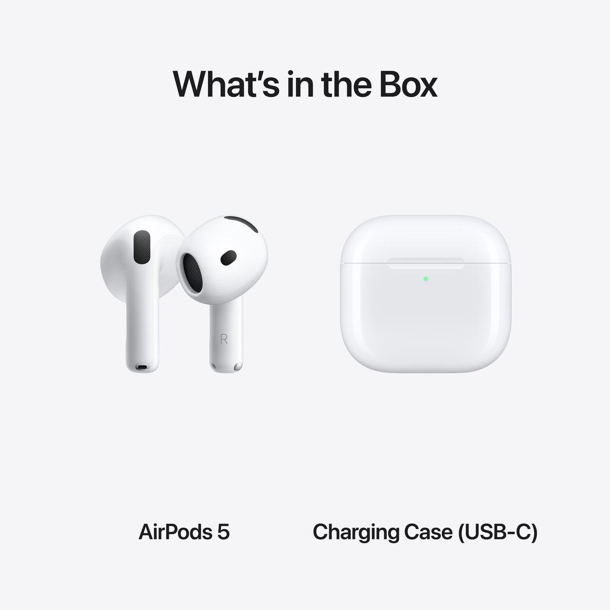 محتويات علبة Apple AirPods 5: السماعتان وعلبة الشحن USB-C