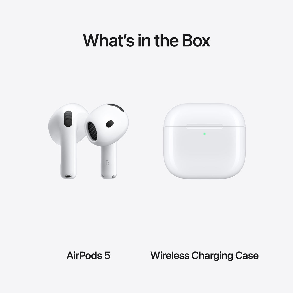 محتويات علبة Apple AirPods 5: السماعتان وعلبة الشحن اللاسلكي