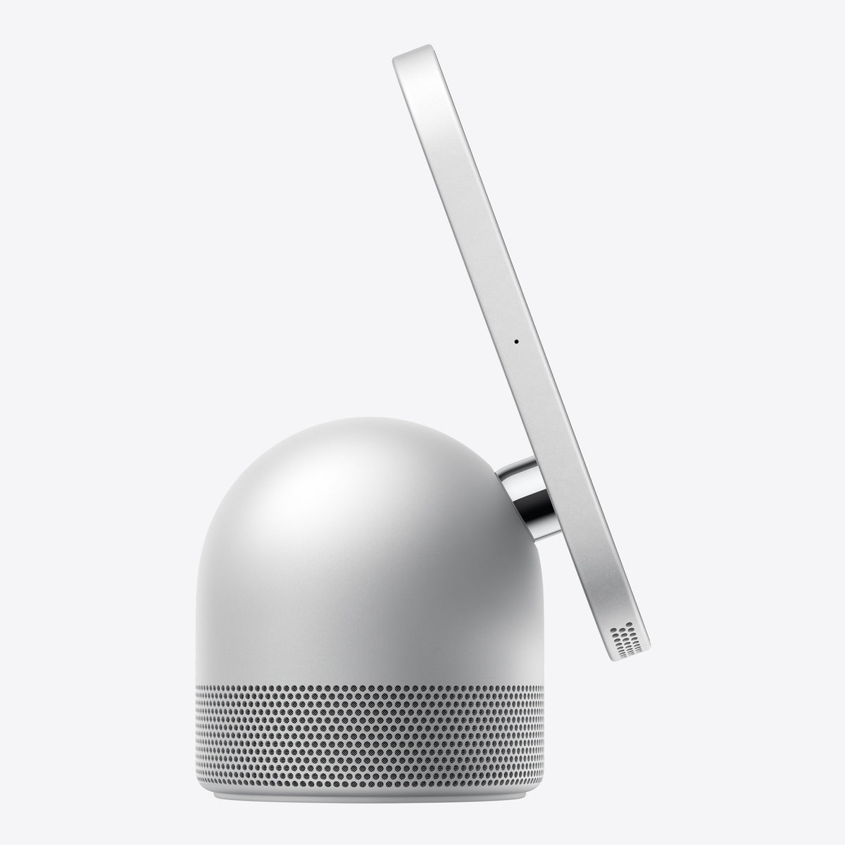 شاشة سمارت هوم ابل HomeView باللون Silver، منظر جانبي لمفصل الستانلس ستيل والقاعدة المقببة