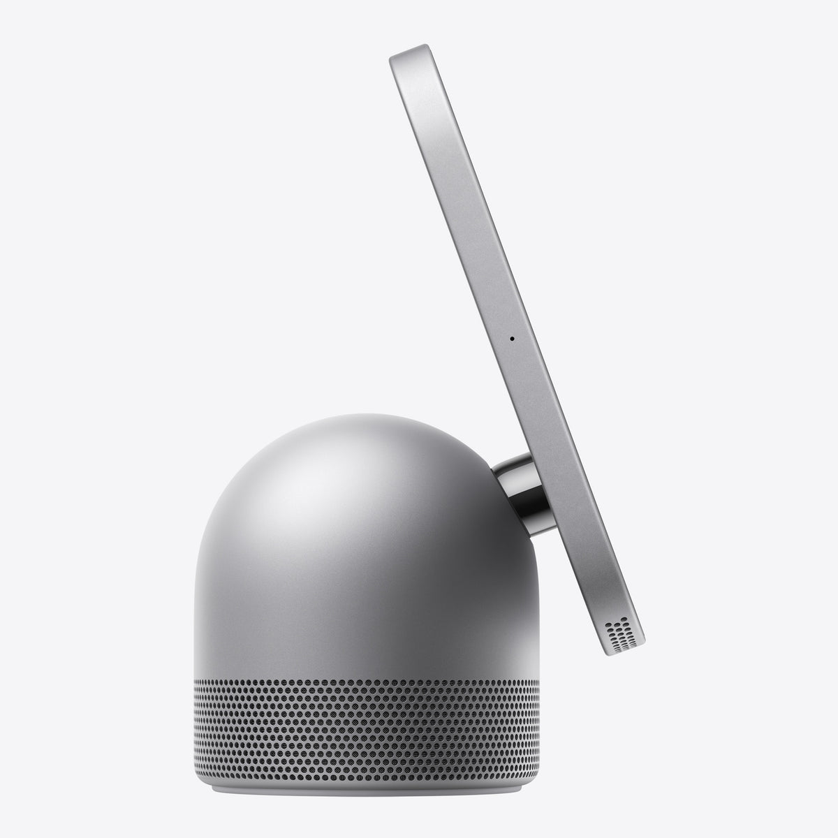 شاشة سمارت هوم ابل HomeView باللون Space Gray، منظر جانبي لمفصل الستانلس ستيل والقاعدة المقببة