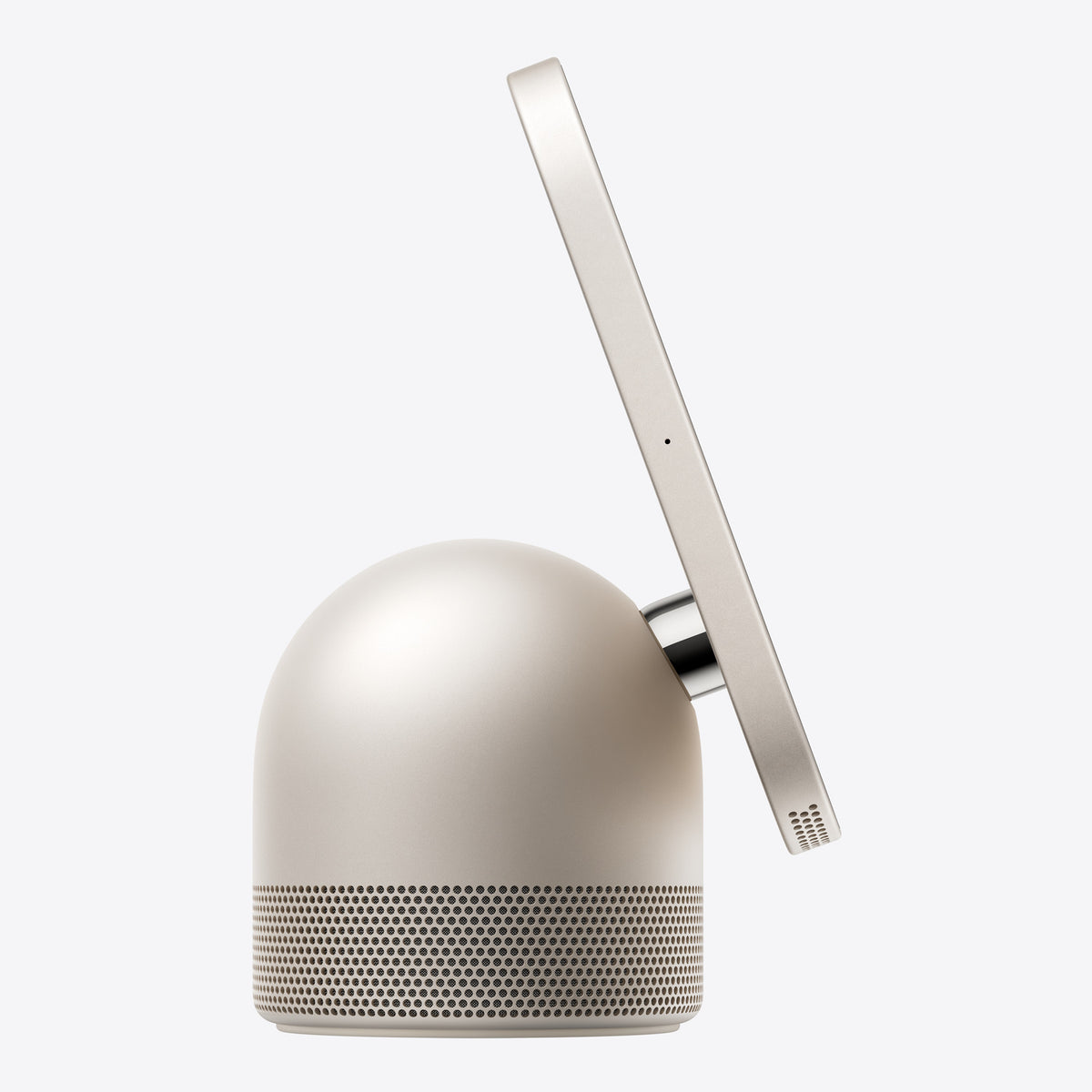 شاشة سمارت هوم ابل HomeView باللون Starlight، منظر جانبي لمفصل الستانلس ستيل والقاعدة المقببة