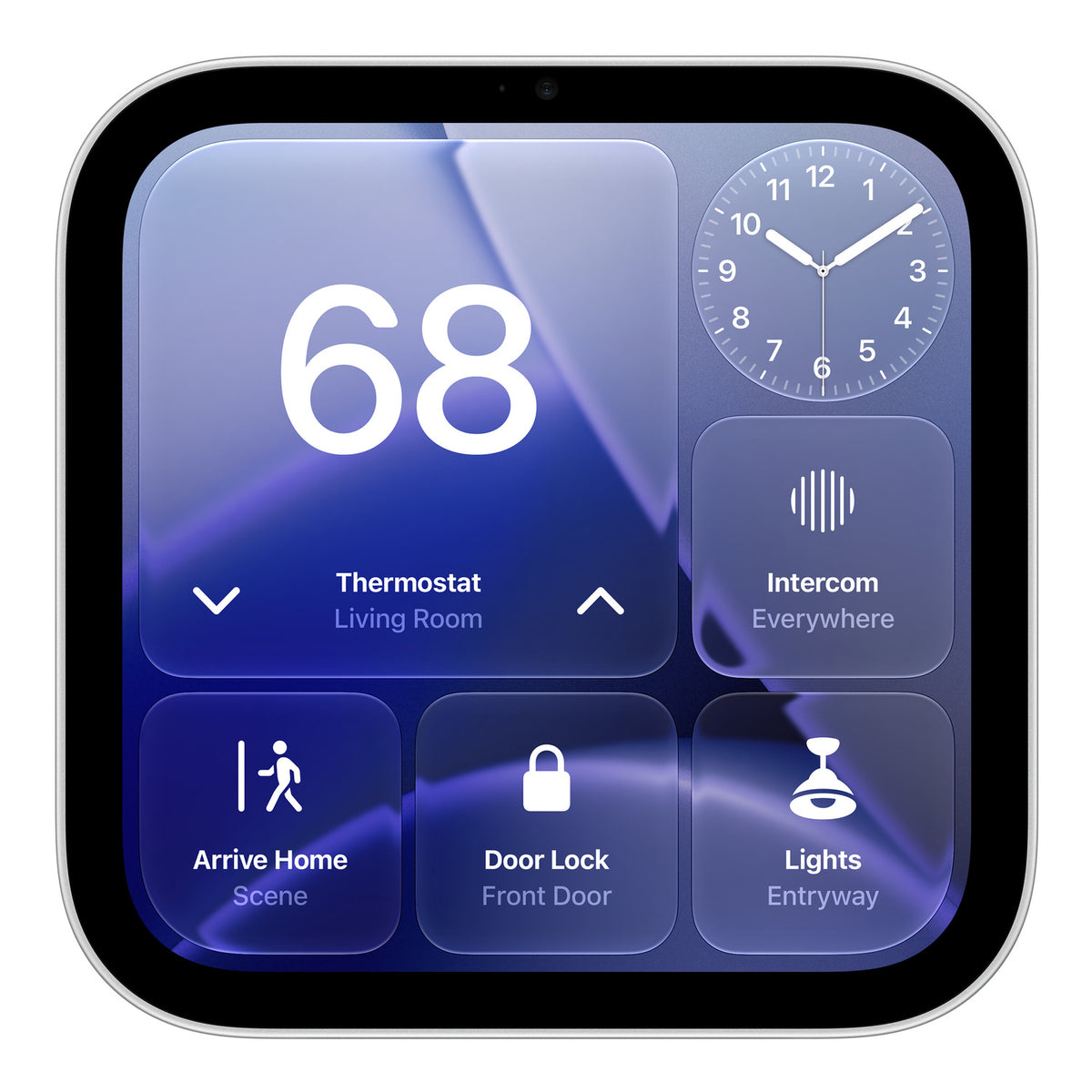 ابل HomeView (Wall Mounted) باللون Silver، منظر أمامي للشاشة 7 بوصة تعرض أزرار التحكم في السمارت هوم