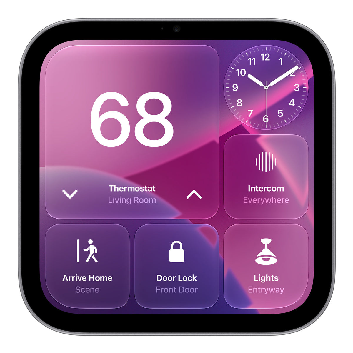 ابل HomeView (Wall Mounted) باللون Space Gray، منظر أمامي للشاشة 7 بوصة تعرض أزرار التحكم في السمارت هوم