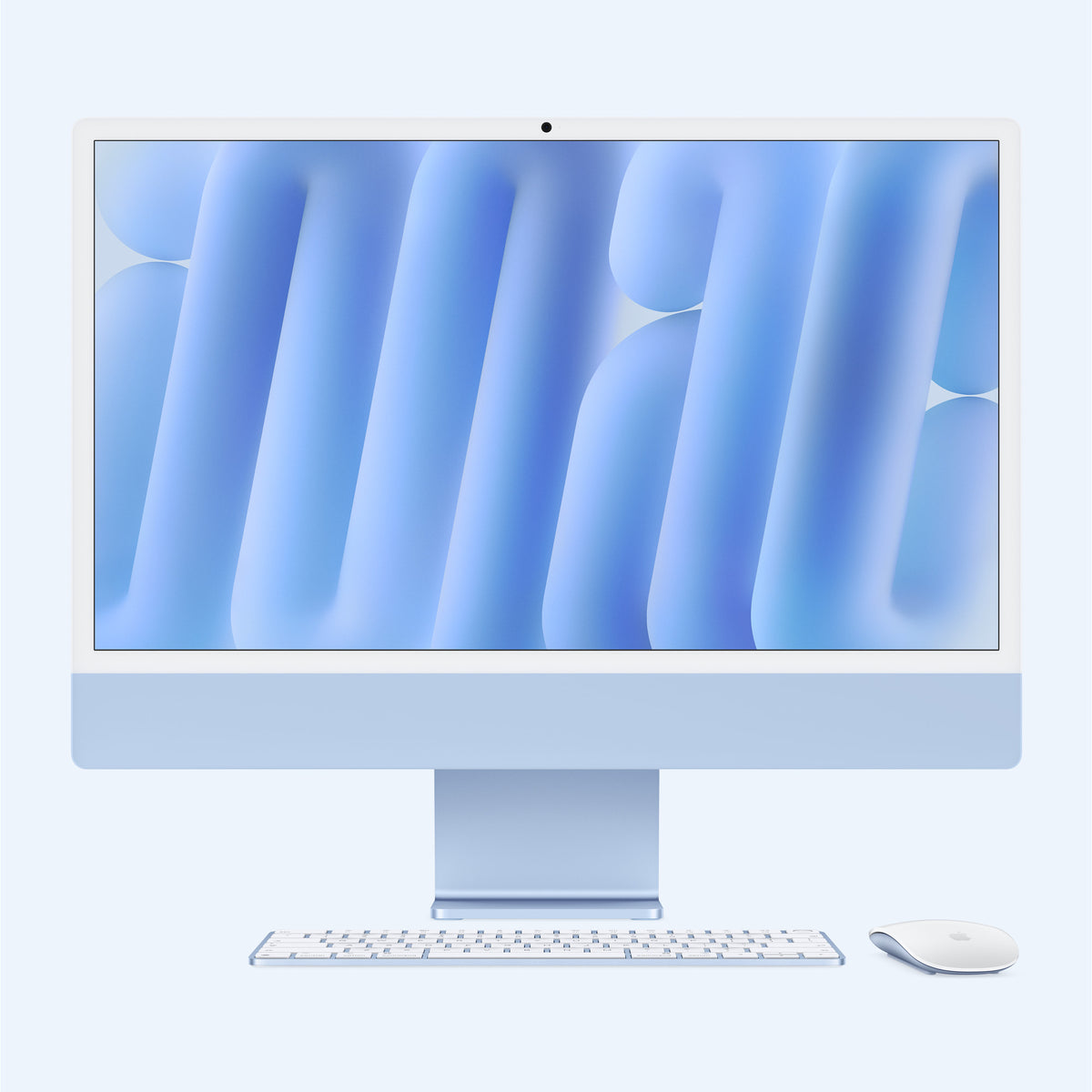 كمبيوتر ابل ايماك M6 مقاس 24 بوصة بلون Blue من الأمام مع Magic Keyboard وMagic Mouse