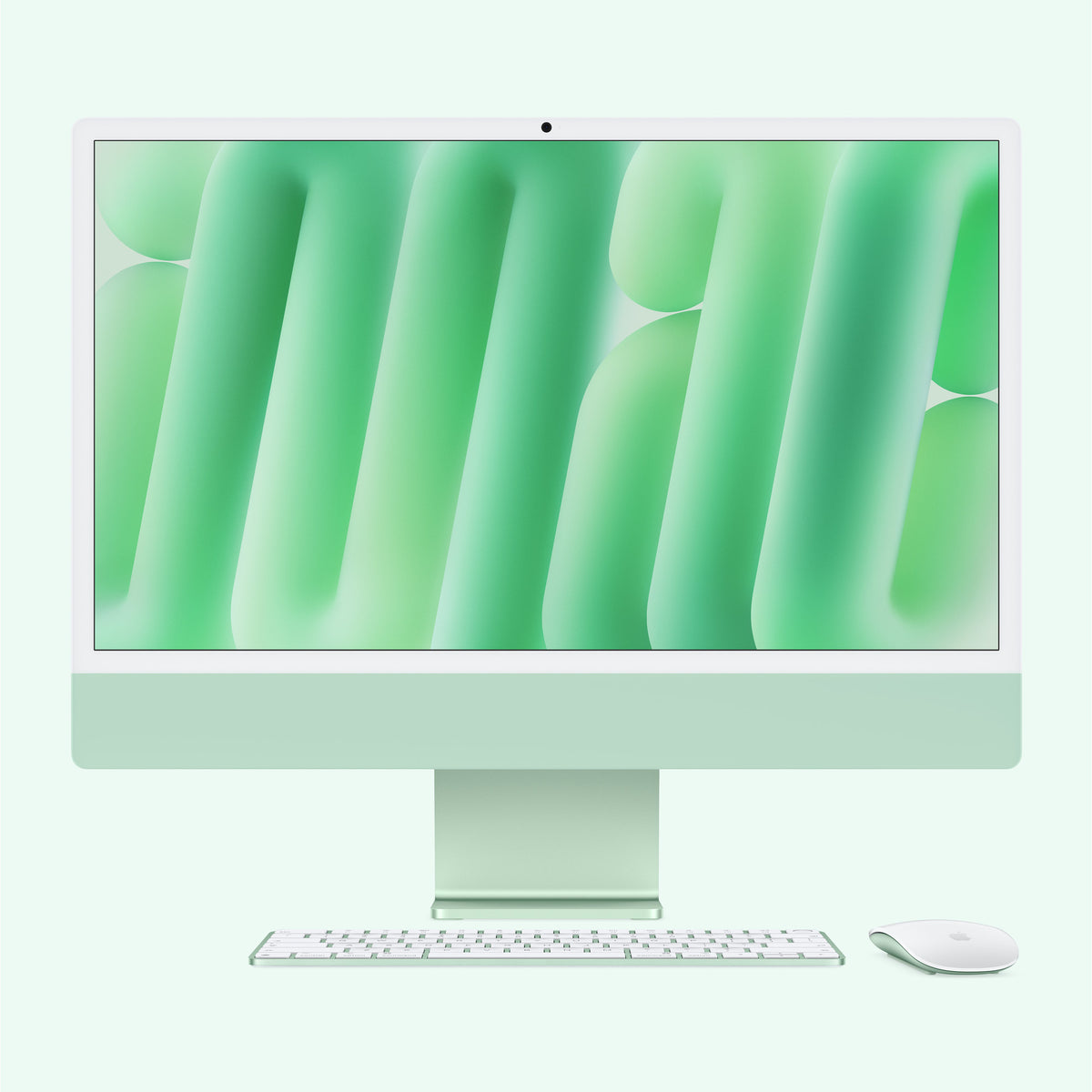كمبيوتر ابل ايماك M6 مقاس 24 بوصة بلون Green من الأمام مع Magic Keyboard وMagic Mouse