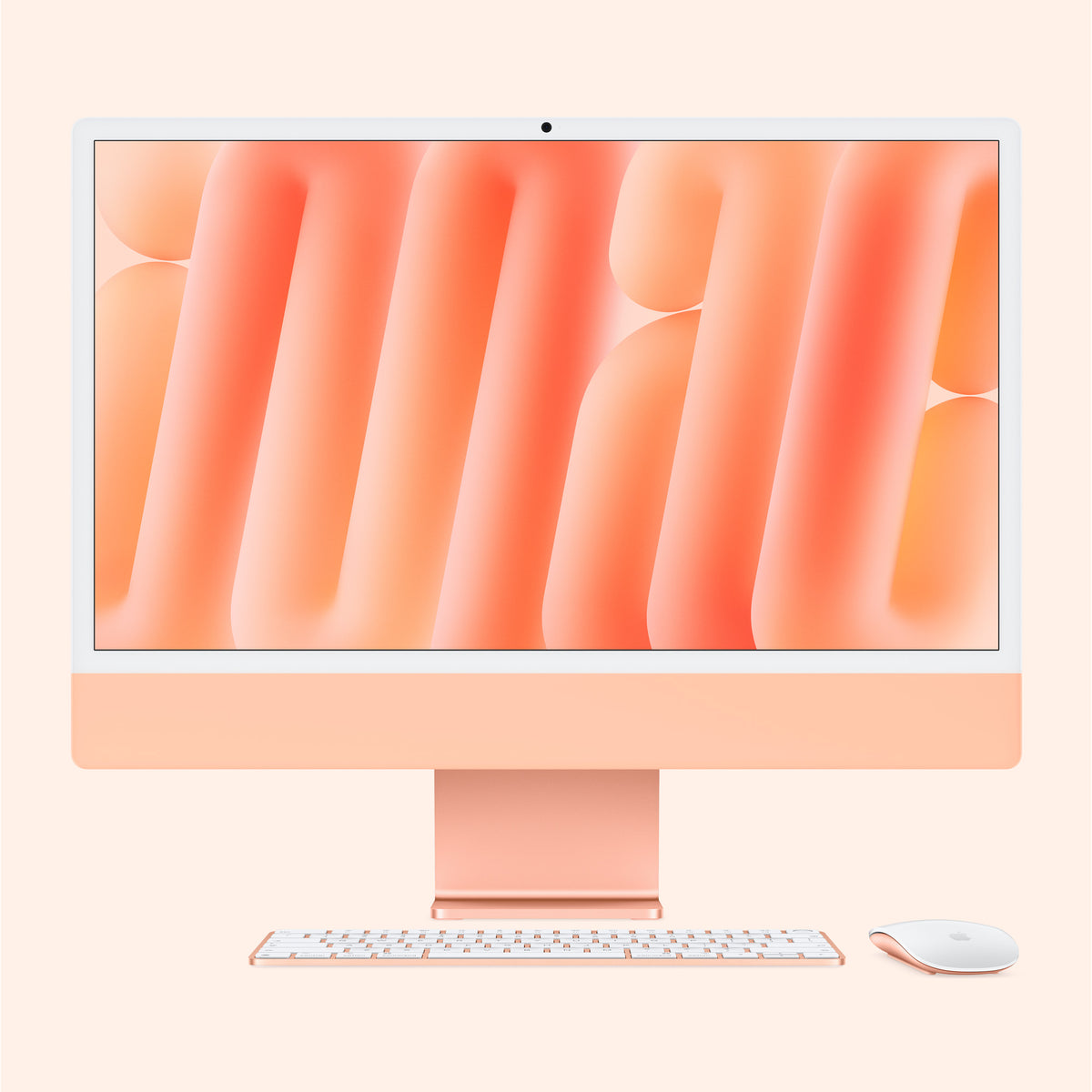 كمبيوتر ابل ايماك M6 مقاس 24 بوصة بلون Orange من الأمام مع Magic Keyboard وMagic Mouse