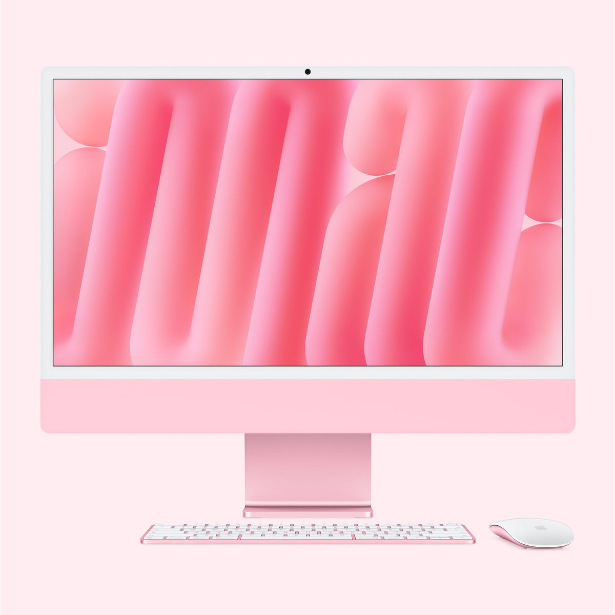 كمبيوتر ابل ايماك M6 مقاس 24 بوصة بلون Pink من الأمام مع Magic Keyboard وMagic Mouse