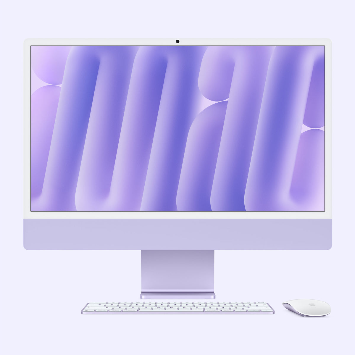 كمبيوتر ابل ايماك M6 مقاس 24 بوصة بلون Purple من الأمام مع Magic Keyboard وMagic Mouse