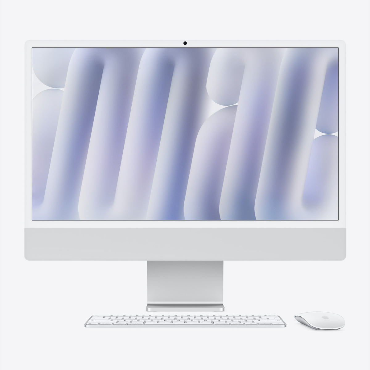 كمبيوتر ابل ايماك M6 مقاس 24 بوصة بلون Silver من الأمام مع Magic Keyboard وMagic Mouse