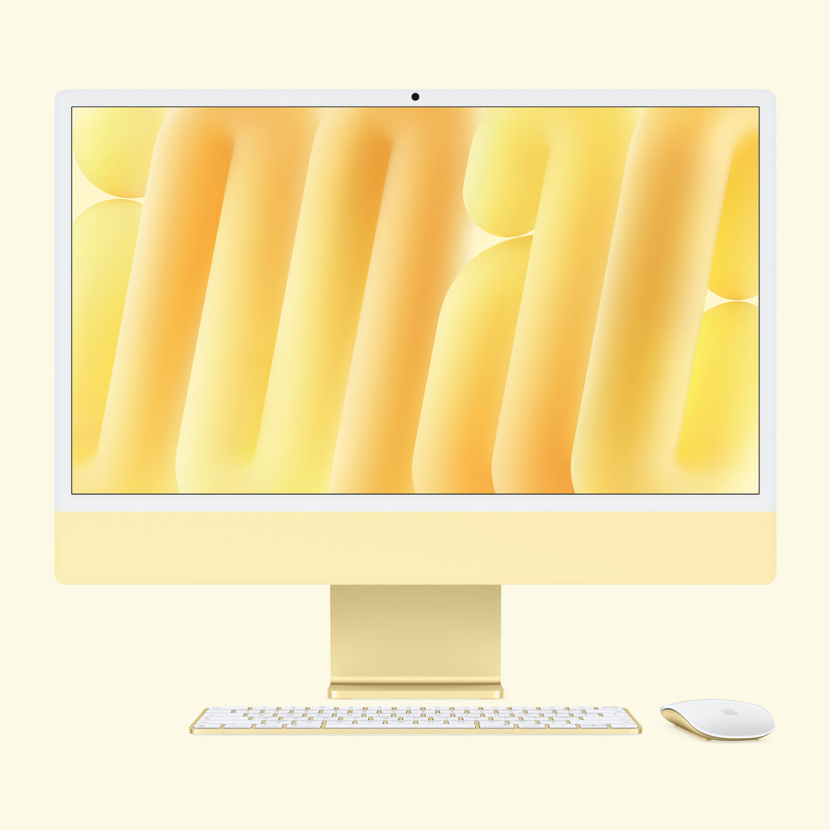 كمبيوتر ابل ايماك M6 مقاس 24 بوصة بلون Yellow من الأمام مع Magic Keyboard وMagic Mouse