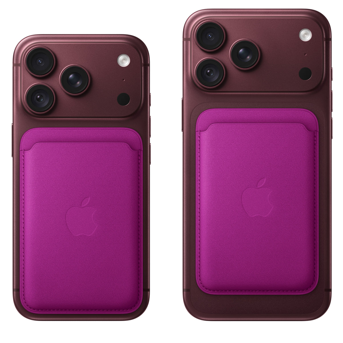 Apple iPhone FineWoven Wallet with MagSafe in Magenta attached to the back of an iPhone
