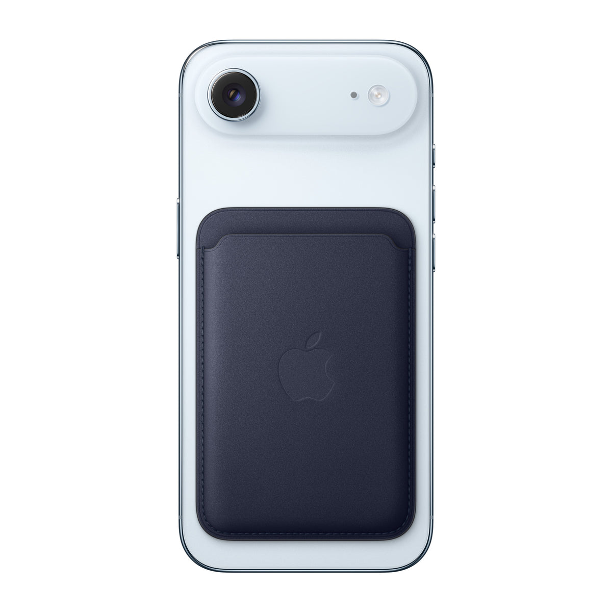 Apple iPhone FineWoven Wallet with MagSafe in Navy attached to the back of an iPhone