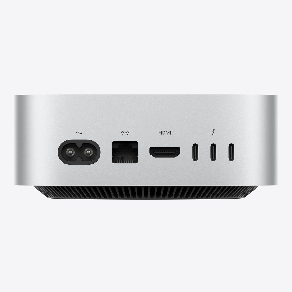 Apple Mac mini M5 Pro back view with power, Ethernet, HDMI and three Thunderbolt 5 ports