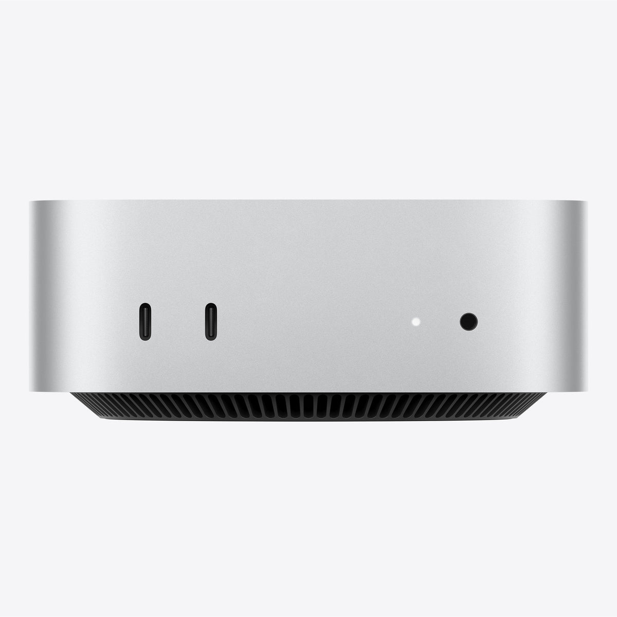 Apple Mac mini M6 front view with two USB-C ports and a headphone jack