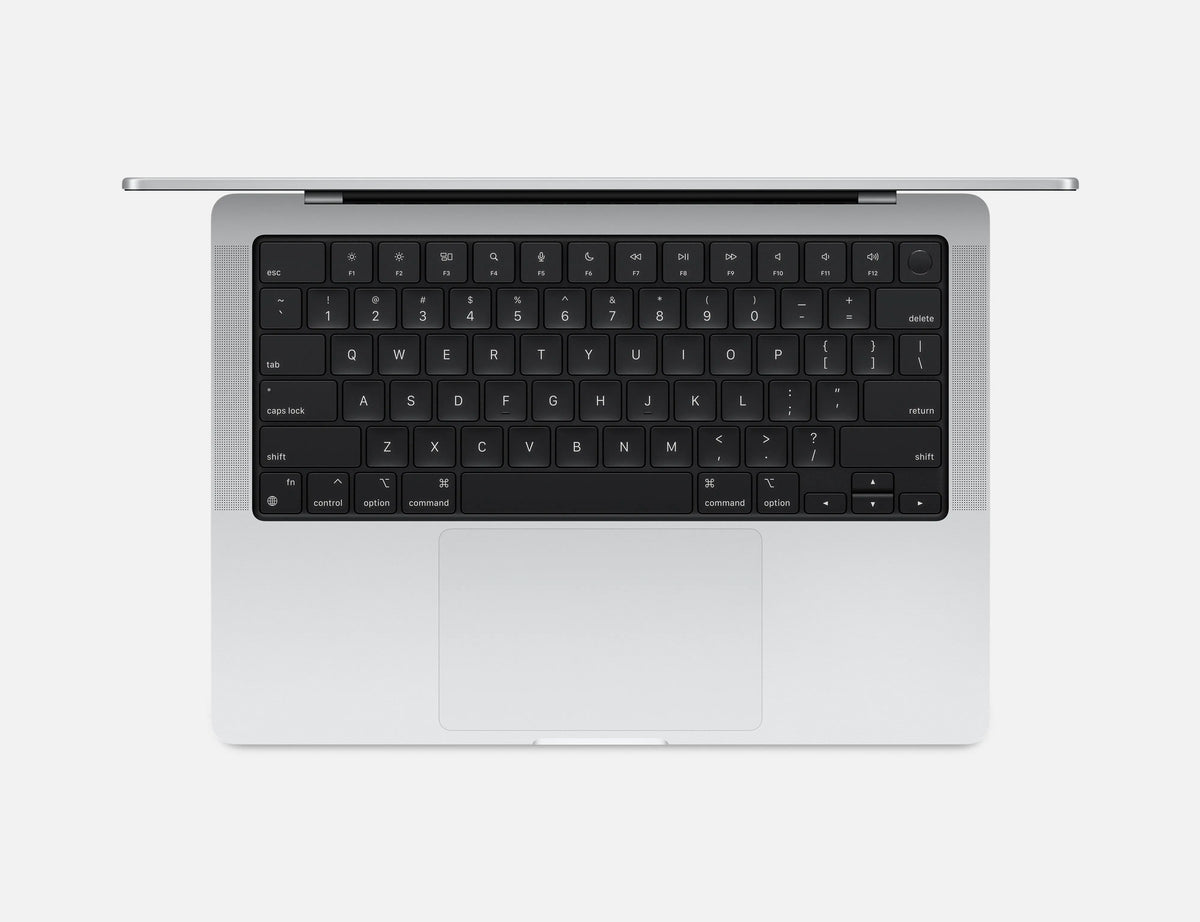 Apple MacBook Pro 14-inch M4 in Silver, keyboard and trackpad seen from above