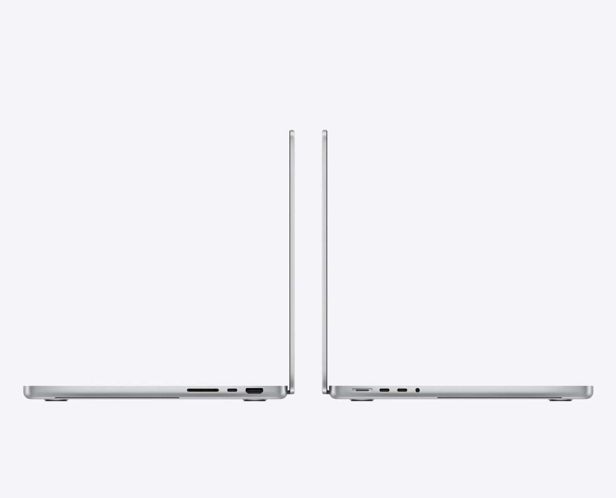 Apple MacBook Pro 14-inch M6 in Silver, side profile, open