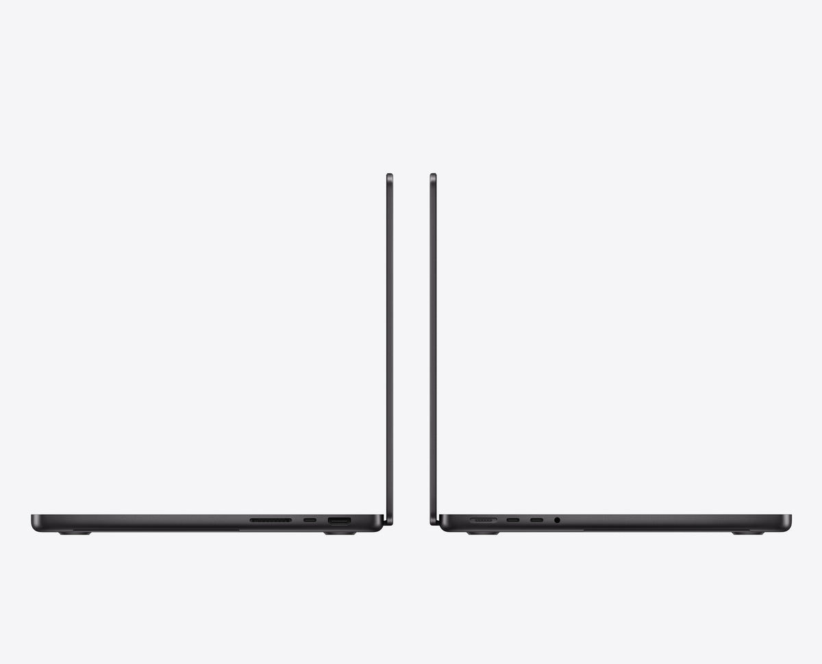 Apple MacBook Pro 14-inch M6 in Space Black, side profile, open