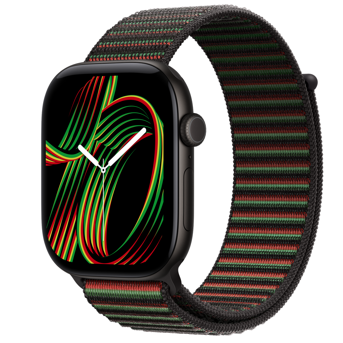 ساعة Apple Watch Series 12 بهيكل ألمنيوم لون Black مع استراب Sport Loop إصدار Black Unity بتصميم Unity Rhythm