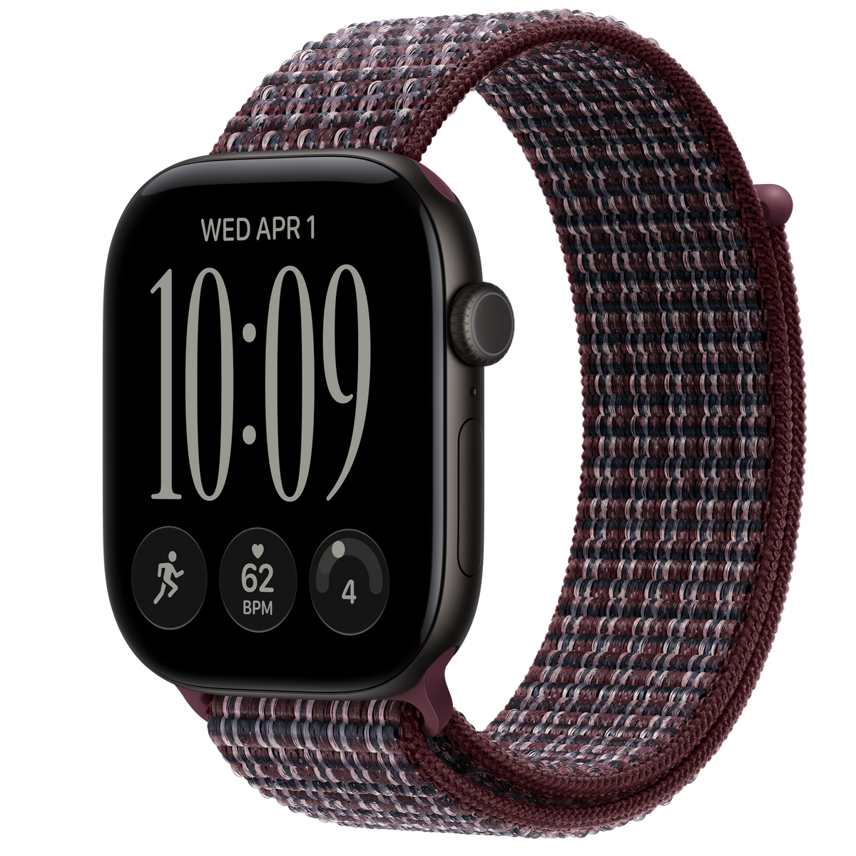 ساعة Apple Watch Series 12 بهيكل ألمنيوم لون Black مع استراب Sport Loop لون Burgundy Plaid