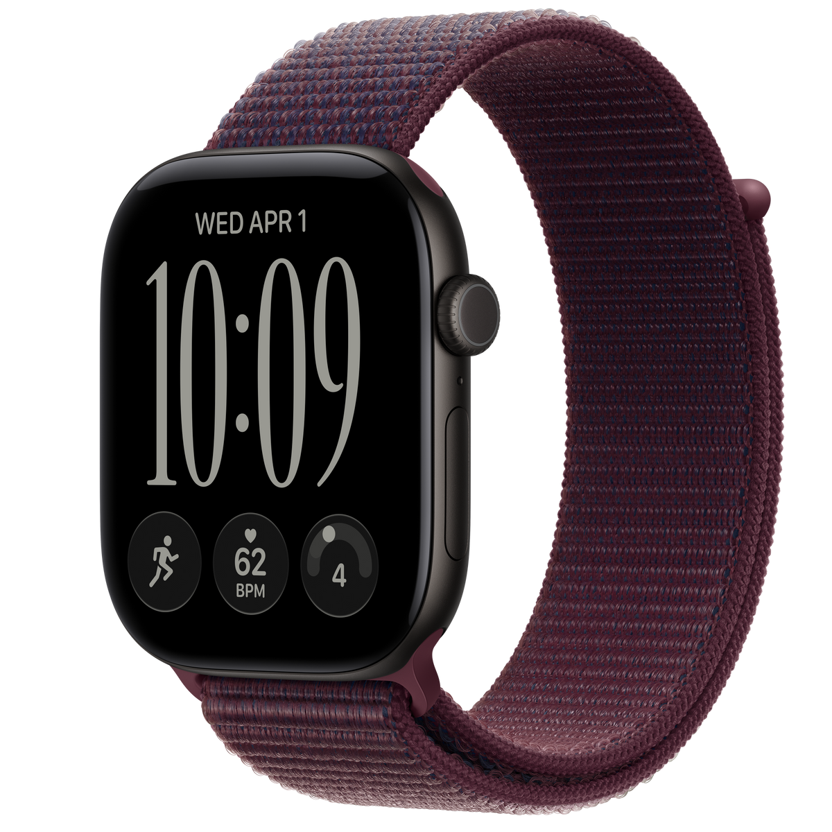 ساعة Apple Watch Series 12 بهيكل ألمنيوم لون Black مع استراب Sport Loop لون Burgundy