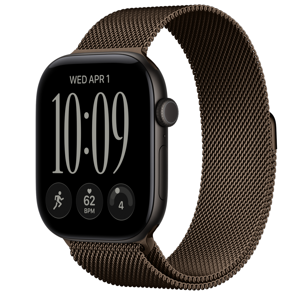 ساعة Apple Watch Series 12 بهيكل ألمنيوم Black مع استراب Milanese Loop بلون Dark Bronze